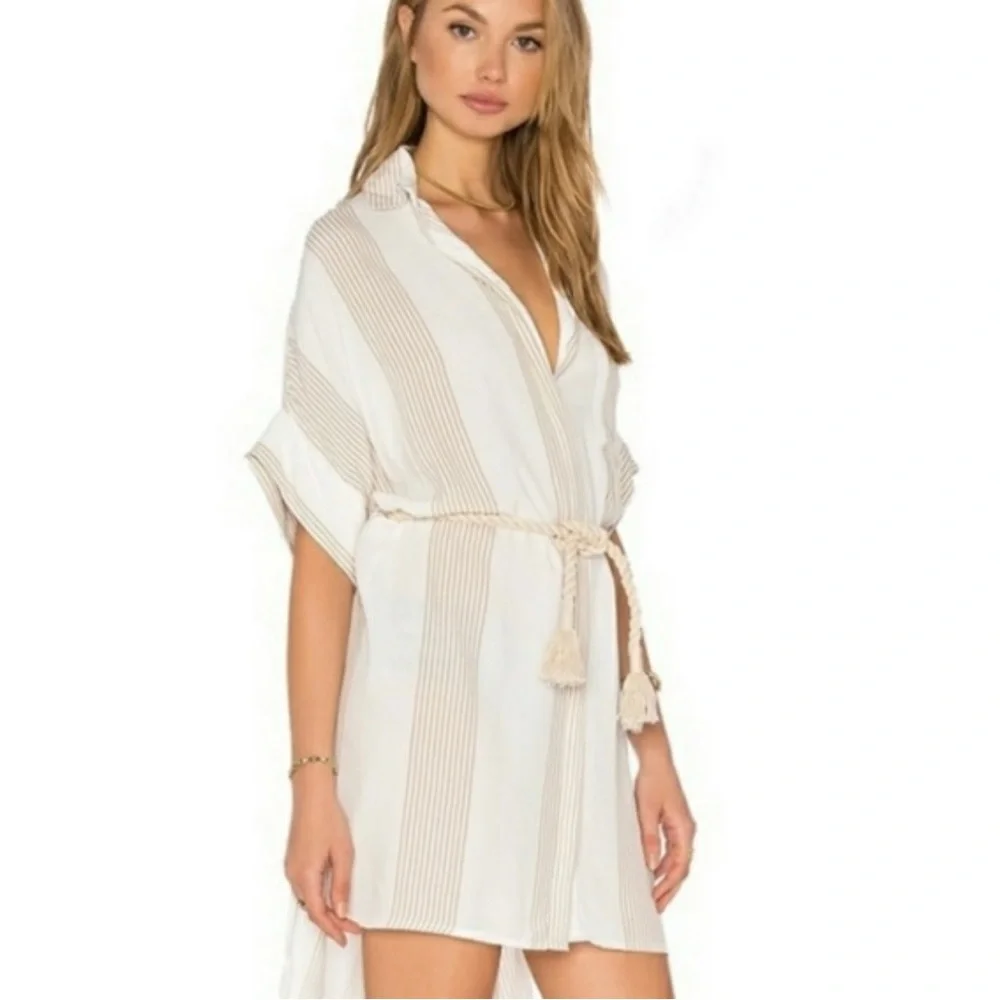 Faithfull the Brand White & Taupe Striped Lightweight Tunic Dress Womens Size M